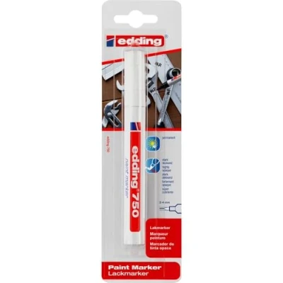 Abbildung von edding 750 Lackmarker weiß 1 Stift Rundspitze 2 4 mm Lackstift zur Markierung und Beschriftung von Metall, Glas, Stein oder Kunststoff hitzebeständig, permanent, wisch wasserfest