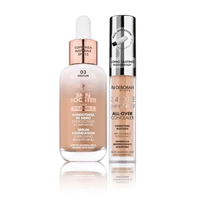 Abbildung von Deborah Milano Set Skin Booster SPF15, N.3 Medium, mit Vitamin C, natürlicher Effekt, 30 ml und Korrekturflüssigkeit 24 Stunden Perfect All Over, 03 Sand, langer Halt, wasserdicht, 5,5 g