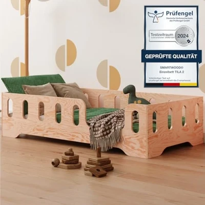 Abbildung von smartwood TILA 2P Kinderbett 70x140 mit Lattenrost und Rausfallschutz Neuheit Holz für Jungen &amp; Mädchen vielseitiges Montessori Bett 140x70 cm.