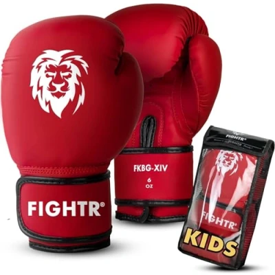 Abbildung von FIGHTR® Kinder Boxhandschuhe mit bestem Sitz für maximalen Schutz Junior Jungen und Mädchen Boxen, MMA, Muay Thai, Kickboxen &amp; Kampfsport 04 06 oz inkl. Tragetasche (Rot, oz)