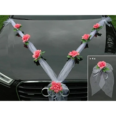 Abbildung von Organza M + Schleife Auto Schmuck Braut Paar Rose Deko Dekoration Autoschmuck Hochzeit Car Wedding Ratan Girlande PKW … (Rosa Weiß)
