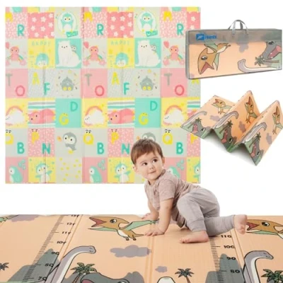Abbildung von HUMBI Faltbare Schaumstoffmatte für Babys und Kinder, doppelseitig, Dicke 1 cm Größe 200x180 cm, mit Tragegriff Tasche, buntes Dinosaurier Tiermotiv, ideal als Geschenk