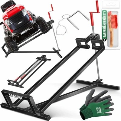 Abbildung von MASKO® XXL Rasentraktorheber 400 kg Hebevorrichtung Hebebühne Aufsitzmäher Reinigungshilfe universal, Rasentraktor Heber, +45 Neigung verstellbar inkl. Arbeitshandschuhe &amp; Bürste Schwarz