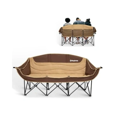 Abbildung von KingCamp Dreisitzer Campingstuhl Faltbar bis 450 kg, Klappstuhl Camping für 3 Personen mit Armlehne, Sofa Couch Sitzer Bequem, Übergröße Gartenstuhl Gepolstert Hochlehner, Khaki/Kaffee