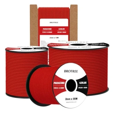 Abbildung von Brotree Paracord 3mm 50M 100% Nylon Seil Schnur Typ II 425 mit 3 Kern für Survival, Outdoor, Armband, Basteln Bruchlast 192kg (Rot)