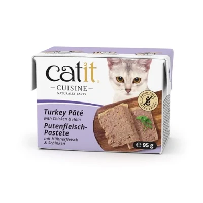 Abbildung von Catit Cuisine Premium Nassfutter für Katzen Pastete mit Putenfleisch Huhn und Schinken, Alleinfuttermittel, 95g, getreidefrei, hoher Fleischanteil
