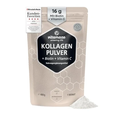 Abbildung von Vitamaze Collagen Pulver (16g) mit Biotin &amp; Vitamin C hochdosiert, Kollagen Hydrolysat Peptide, Geschmacksneutral, Optimale Löslichkeit Bioverfügbarkeit, Nahrungsergänzung ohne Zusatzstoffe 480g
