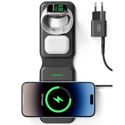 Abbildung von INIU 15W MagSafe Ladestation 3 in 1, Faltbares Wireless Charger Qi2 Zertifikat Reise Ladegerät für iPhone 16/15/14/13/12, Apple Watch 9/8/7/6/SE, AirPods 3/2/Pro (mit 20W Adapter und USB C Kabel)
