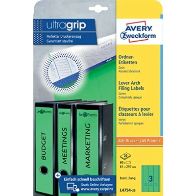 Abbildung von AVERY Zweckform L4754 20 Ordnerrücken Etiketten (60 Rückenschilder mit ultragrip, 61x297mm auf A4, breit/lang, selbstklebend, absolut blickdicht, bedruckbare Ordneretiketten) Blatt, grün