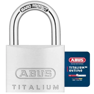 Abbildung von ABUS Vorhängeschloss Titalium 64TI/40 4er Set, gleichschließend Kellerschloss mit Schlosskörper aus Spezial Aluminium gehärteter Stahlbügel Sicherheitslevel 5