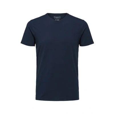 Abbildung von Herren Selected Basic T Shirt Einfarbiges Rundhals Kurzarm SLHNEWPIMA Jersey Stretch Baumwolle, Farben:Navy, Größe:XXL