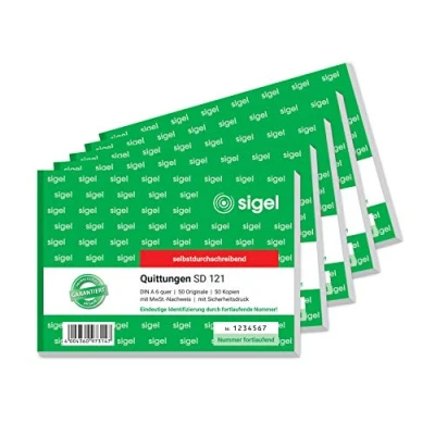 Abbildung von SIGEL SD121/5 Quittungsblock fortlaufend nummeriert, eindeutige 7stellige Nummer, A6 quer, 5 Stück, 2x50 Blatt, selbstdurchschreibend, aus nachhaltigem Papier