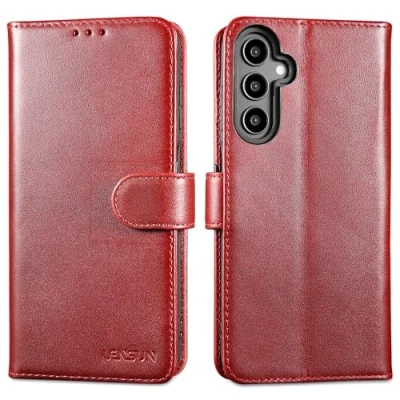 Abbildung von LENSUN Lederhülle für Samsung Galaxy A15, Echtleder Hülle [Kartenfach][RFID Schutz][Echtes Leder] Handyhülle Klapptasche Handytasche A15 4G/5G Weinrot