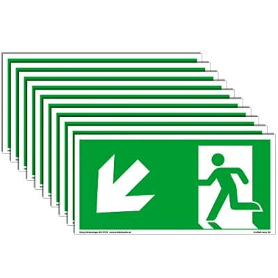 Abbildung von 10 Schilder Notausgang extra langnachleuchtend PVC selbstklebend 297x148mm gemäß ASR A1.3 DIN 7010 67510 Notausgangsschild Links schräg abwärts Fluchtweg Rettungsweg Dreifke® 160