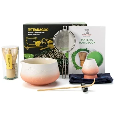 Abbildung von TEANAGOO Matcha Set MatchaTee Schale Besen Tea für die Zubereitung von Frühstück/Matcha Latte, N35, Farbverlauf Rosa Weiß,Geschenk Liebhaber
