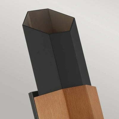 Abbildung von Quoizel QZ Chasm L BKW Wandleuchte 9.5W LED IP44 Aluminium, Glas; mattschwarz mit Holzeffektriemen L:13cm B:17.2cm Ø17.2cm