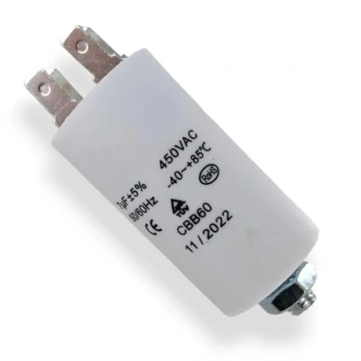 Abbildung von DEKAROX Universal Kondensator 7µF 450V Ø30x57mm mit 6.3mm AMP Steckfahnen Befestigungsschraube M8 CBB60 Motorstart und Laufkondensator für elektrische Haushaltsgeräte