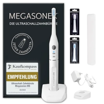 Abbildung von Megasonex Ultraschallzahnbürste M8, Aufsteckbürsten: 2 St., Ultraschall Zahnbürste mit Ladestation, Bürstenköpfen &amp; Reiseetui