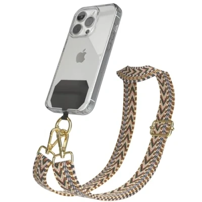 Abbildung von EAZY CASE Handykette Universal zum Umhängen kompatibel mit jedem Handy Kette Hülle kombinierbar Handykordel Karabiner für Handyhülle Handyband Bunt Boho Kordel Braun Mix Gold