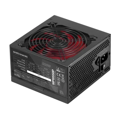 Abbildung von MARSGAMING MPIII550P, PC Netzteil ATX 550W, 5 Jahre Garantie, 85% Effizienz, Digitales APFC System, 120mm FDB Lüfter mit AI RPM, DC und SMD Technologie, extra Lange Flachkabel, Schwarz