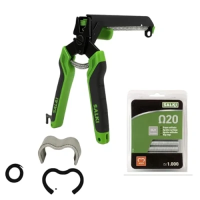 Abbildung von salki Heftklammer Set mit Ladegerät FSK20C Zaunzange integriertem Drahtschneider bis zu 3 mm Dicke + Blister 1000 Heftklammern Ω20, verzinkt (3301310PA2)