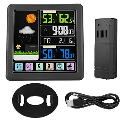 Abbildung von Garsent Wetterstation Funk mit Farbdisplay, Touch Screen Wireless Wettervorhersage Alarm, Temperatur Luftfeuchtigkeit Uhr für Innen und außen(schwarz)