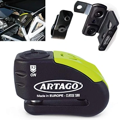 Abbildung von Artago 30X1 Pack Bremsscheibenschloss mit Alarm 120db Hohe Sicherheit + Halterung für BMW (R1250GS, R1200GS, F850GS, F750GS, F700GS, G310GS, F900XR), SRA und Sold Secure Gold homologiert, Schwarz/gelb