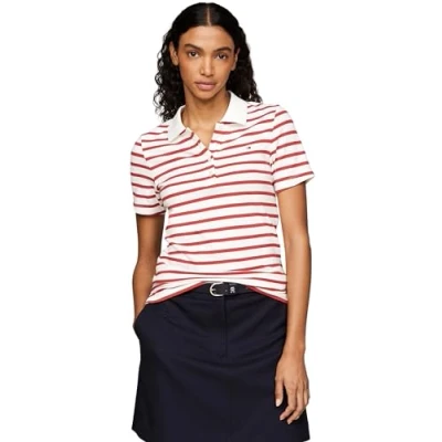 Abbildung von Tommy Hilfiger 1985 SLIM Stripe Poloshirt, Damen, Größe: Medium, Breton ecru/terra red