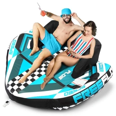 Abbildung von SereneLife Aufblasbares Schlauchboot für 2 Personen Hochleistungs Wassersport Funtube mit Rückenlehne, Vorderem Zugpunkt, PVC Blase, EVA Schaumpolster und Griffen Ideal Kinder Erwachsene