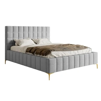 Abbildung von Selsey Bett Polsterbett Doppelbett 180 x 200 cm Mit Bettkasten Metallrahmen Goldene Beine Gasdruckfeder Schlafbett Chenille Hellgrau Szejlo