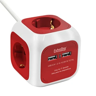 Abbildung von EXTRASTAR 6 in 1 Steckdosenleiste mit USB, 4 Steckdosen + 2 USB Anschlüsse, 5 V, 1,5 m, max. 3680 W, 16 A, Rot, für Zuhause oder Büro