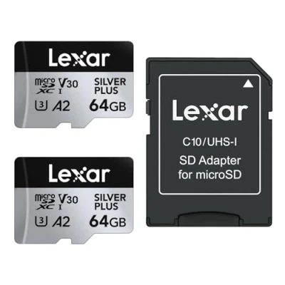 Abbildung von Lexar Silver Plus Micro SD Karte 64GB 2 Pack, Bis zu 205 MB/s Lesegeschwindigkeit, 100MB/s Schreibgeschwindigkeit, Speicherkarte mit Adapter, UHS I, A2, U3, V30, Klasse 10, 4K UHD microSDXC