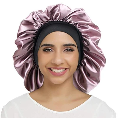 Abbildung von Seiden Schlafmütze Damen mit Langen Haaren Groß Satin Motorhaube Weiche Nachtmütze breitem Gummiband für Schlafen,Krebs,Chemo(L, Champagner)