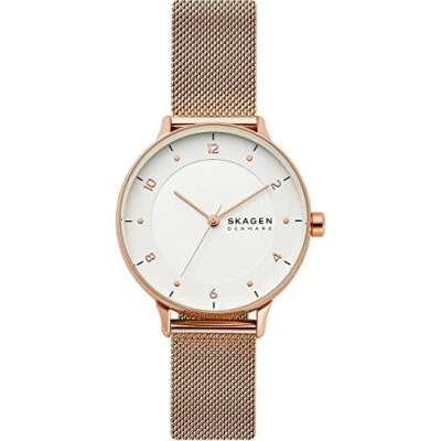 Abbildung von Skagen RIIS Uhr für Damen, Quarzwerk mit Edelstahl oder Lederarmband, Roségoldton und Weiß, 36MM