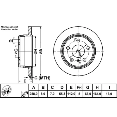 Abbildung von ATE 24.0108 0111.1 Bremsscheibe 258,0 8,0 5 112,0 voll beschichtet MERCEDES BENZ: A Klasse, Vaneo
