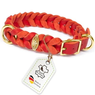 Abbildung von CopcoPet Fettleder Hundehalsband geflochten mit Dornschließe Messing Handarbeit aus Deutschland Lederhalsband Rot 15 mm Breite 40 44 cm Halsumfang