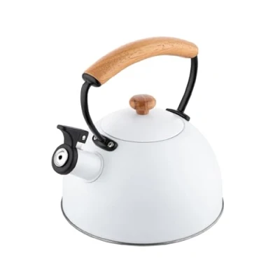 Abbildung von FLORINA Wasserkessel (2,3 l) Edelstahl Teekessel NATURA Flötenkessel mit Holzgriff Automatischer Pfiff Wasserkocher für Induktionsherd, Gasherd und Elektroherd Farbe: Weiß