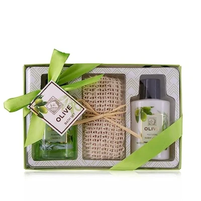 Abbildung von Accentra Duschset Frauen Geschenkset OLIVE in schöner Geschenkbox 3 teiliges Pflegeset mit Duschgel, Bodylotion und Handtuch aus Sisal Wellness Geschenk Set zum Geburtstag, Valentinstag