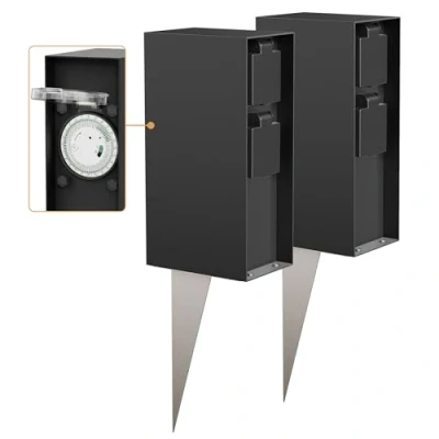 Abbildung von ledscom.de 2 Stück Garten Steckdosensäule POMI mit Erdspieß für außen, IP44, Timer/Zeitschaltuhr, Fach, schwarz, eckig, 23cm