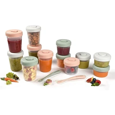 Abbildung von BÉABA, 12er Set Aufbewahrungsbehälter und 2 Fütterlöffel aus Silikon, Stapelbare Behälter, 100 % Luftdicht, Einfrieren, Muttermilch, x 90 ml + 4 150 6 250 ml, Eucalyptus