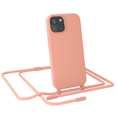 Abbildung von EAZY CASE Handykette kompatibel mit iPhone 15 dünne Handyhülle für Hülle Band als Fallschutz Kette zum Umhängen stoßeste Silikon Mikrofaser in Korall
