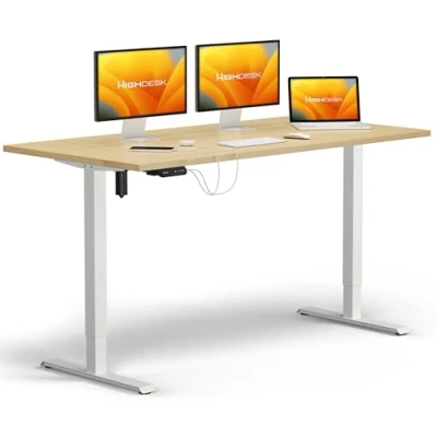 Abbildung von KRIEG HighDesk SMART Höhenverstellbarer Schreibtisch (Weiß + Ahorn I 180 x 80 cm) Elektrischer Sitz &amp; Stehtisch mit Tischplatte Stehschreibtisch Elektrisch Höhenverstellbar
