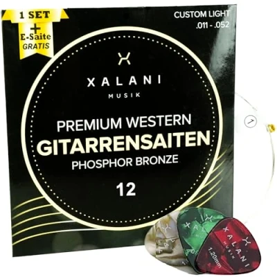 Abbildung von XALANI Gitarrensaiten Westerngitarre 012 I Bonus: 1 hohe E Saite und 3 Plektren Phosphor Bronze Saiten Set für Akustikgitarre