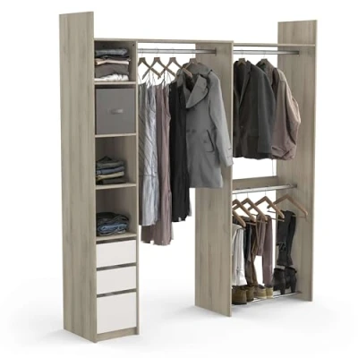 Abbildung von Kit Dressing Extensible D’Angle Ouvert &amp; Modulable 3 Tiroirs Barres De Penderie Coloris Chêne Blanc 199,7 x 43,9 218,3 cm