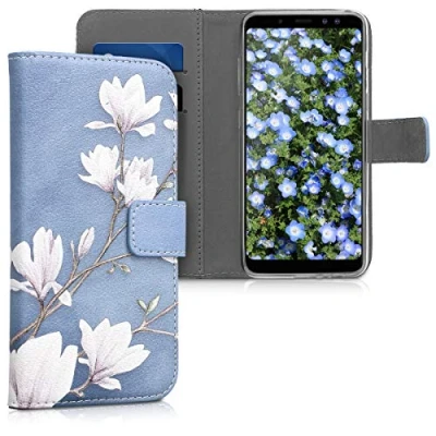 Abbildung von kwmobile Wallet Case kompatibel mit Samsung Galaxy A8 (2018) Hülle Cover Ständer und Kartenfächern Magnolien Taupe Weiß Blaugrau