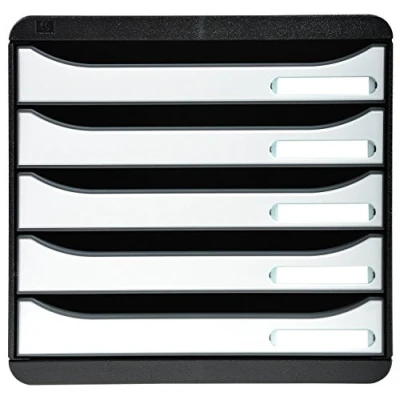 Abbildung von Exacompta 3097213D Premium Ablagebox mit 5 Schubladen für DIN A4+ Dokumente. Stapelbare Schubladenbox hoher Kapazität mehr Platz auf dem Schreibtisch Big Box Plus Glossy SchwarzWeiß