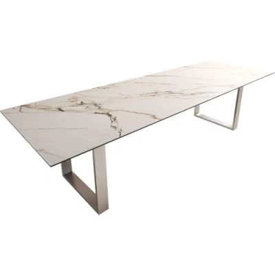 Abbildung von Esstisch Edge 300x100 Keramik Calacatta Luxe Weiß Gold Grau Edelstahl Schmal