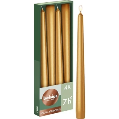 Abbildung von Bolsius Glatte Spitzkerzen Metallic Gold 4 Stück im Karton 24,5 cm Dekorative Haushaltkerzen Brenndauer 7 Stunden Unparfümierte Enthält Natürliches Pflanzenwachs Ohne Palmöl