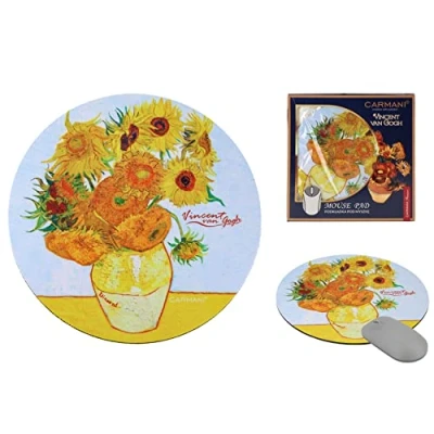 Abbildung von Carmani ART Mauspad, rutschfeste Gummiunterseite, Premium Textur PU bedruckt mit Vincent van Gogh, Sonnenblumen in einer Vase