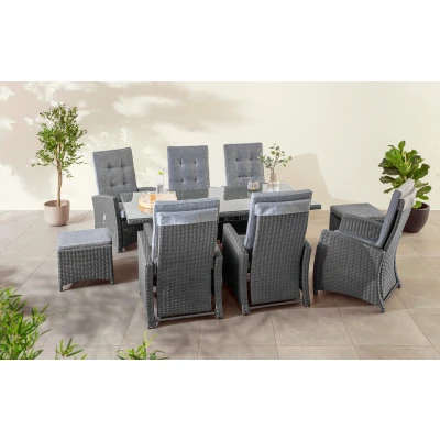 Abbildung von KONIFERA Garten Essgruppe &quot;&quot;New Paris&quot;&quot;, (Set, 23 tlg., 6 Sessel, Rückenlehne verstellbar, Tisch 100x200x75 cm, 2 Hocker), inkl. Auflagen, Stahl/Polyrattan